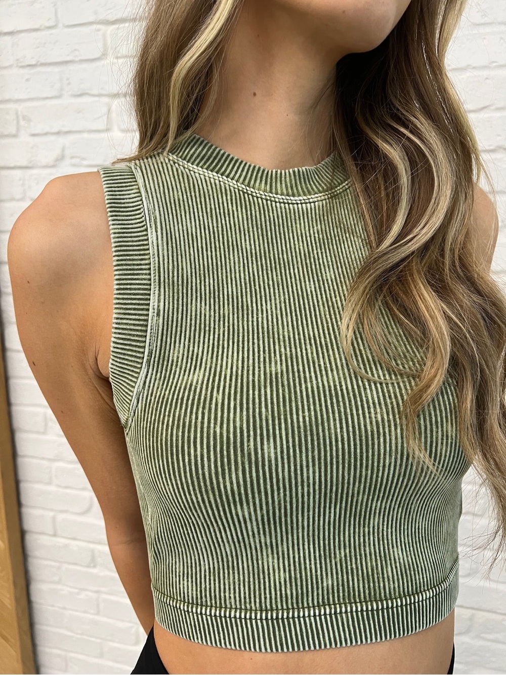 Zenana Stone Washed Ribbed Seamless Crop Top in Ash Olive